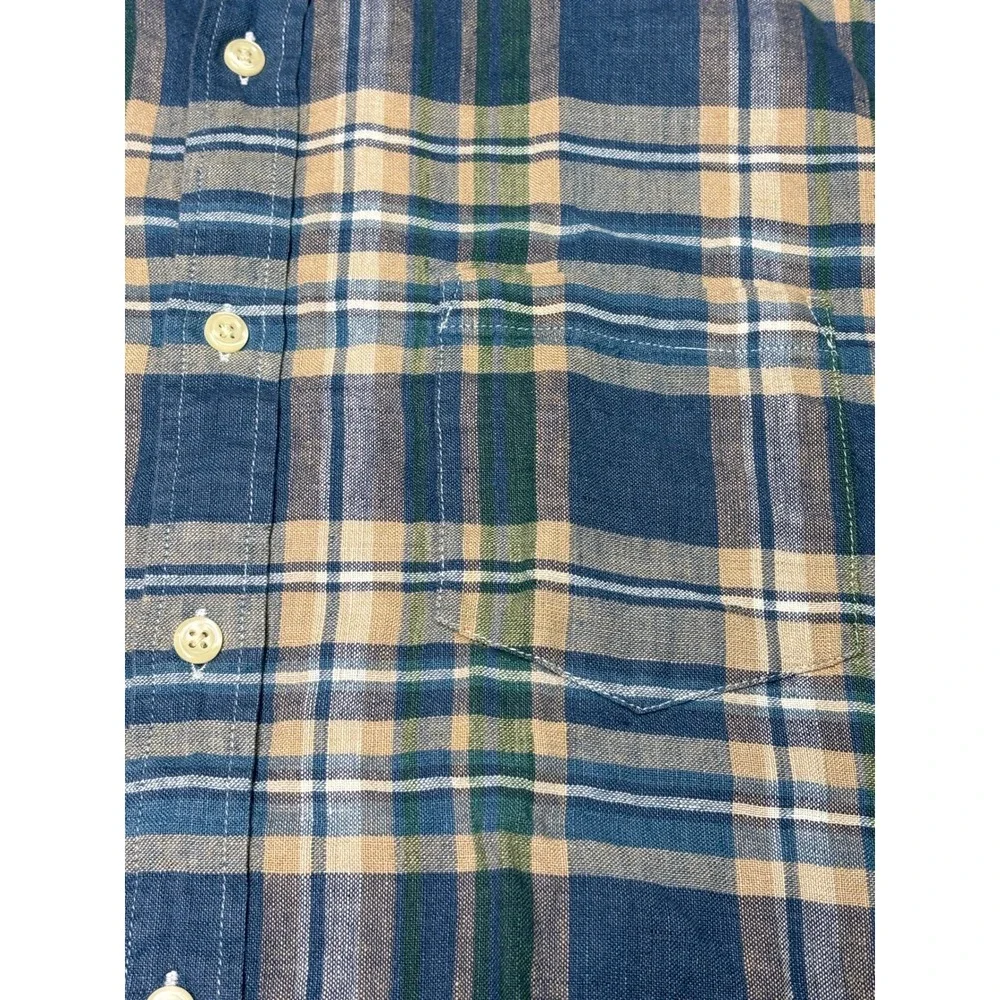 J. Crew Slim Fit Linen Cotton Plaid Short Sleeve Shirt Blue Green BP972 Mens M